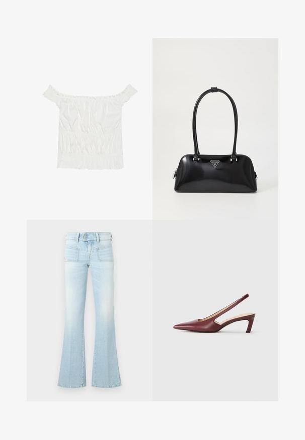 Valge õlavabalt topp, millel on volangakujulised aktsendid, kokku tõmmatud tekstuur ja elastne vöökoht. Valmistatud pehmest puuvillakangast.; Heledad sinised laiad teksad, pleekinud denimist, kahe esikotsega, nööbiga lõhiku ja kontrastsete õmblustega. Sile tekstuur.; Burgundy slingback kontsad, millepunktse varbaga, külgedel lõike üksikasjadega ja kesk kõrgusega plokknina. Sile nahkviimistlus.; Must ja läikiv käekott, millel on kaarekujuline siluett, kaks käepidet ja esiküljel logo plaat. Lukuga sulgemine ja läikivad metalldetailid.