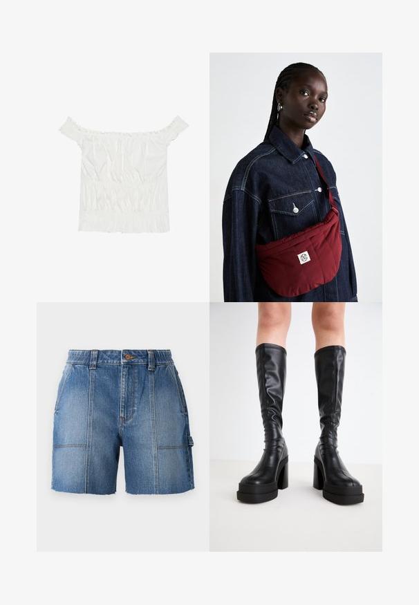 Top branco sem alças com detalhes em babados, textura franzida e cintura elástica. Feito de tecido de algodão macio.; Calções de ganga em azul claro com bainha desfiada, apresentando uma cintura ajustada, passadores para cinto e dois bolsos frontais.; Botas pretas até ao joelho, feitas de couro liso, com uma plataforma grossa e um salto bloco, apresentando detalhes cosidos ao longo das bordas.; Bolsa de ombro matelassada em bordeaux com formato retangular, apresentando um patch com logo, usada sobre uma jaqueta de ganga escura com dois bolsos frontais.