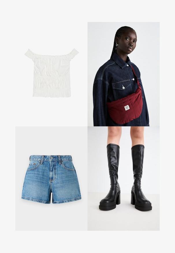 Bela bluzo brez naramnic z nabranimi detajli, nabranim teksturiranjem in elastičnim pasom. Narejena iz mehkega bombažnega blaga.; Denim kratke hlače v svetlo modri pranju, z visokim pasom, tradicionalnim petim žepom in kontrastnim šivanjem za podrobno teksturo.; Črne hlačne škornje do kolen, izdelane iz gladke usnje, z debelim podplatom in blokastim petami, z našitimi detajli ob robovih.; Burgundska žakardna torba za rame pravokotne oblike, z logotipom, nošena preko temno modre jeans jakne z dvema sprednjima žepoma.