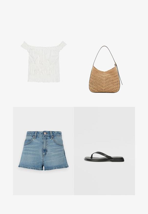 White off-the-shoulder top with ruffled accents, gathered texture, and an elasticized waistband. Made from soft cotton fabric.; Light blue denim shorts with a high waist, frayed hem, contrasting stitching, and front pockets. Includes a metal button and brand tag.; Black flip-flop made of smooth leather, featuring a thin strap design and a flat sole with a minimal profile. No notable patterns or accents.; Woven straw shoulder bag with a curved shape, featuring a dark leather strap and a textured surface with a chevron pattern.