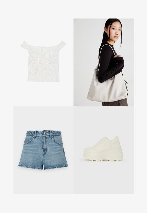 Balta blūze bez piedurknēm ar viļņainiem akcentiem, grumbainu tekstūru un elastīgu jostasvietu. Izgatavota no maigas kokvilnas auduma.; Gai zili džinsu šorti ar augstu jostasvietu, saplēstu apakšmalu, kontrastējošiem šuvēm un priekšējiem kabatām. Iekļauta metāla pogas un zīmola etiķete.; Baltie platformas sporta apavi, kas izgatavoti no gludas mākslīgās ādas, ar noapaļotu formu, mīkstu apkakli un teksturētu gumijas zoli ar izteiktiem rakstiem.; Bežs rokassoma, izgatavota no mīksta materiāla, ar brīvu dizainu, izšūtu apdari un divām plecu siksnām. Piemērota ikdienas lietošanai.