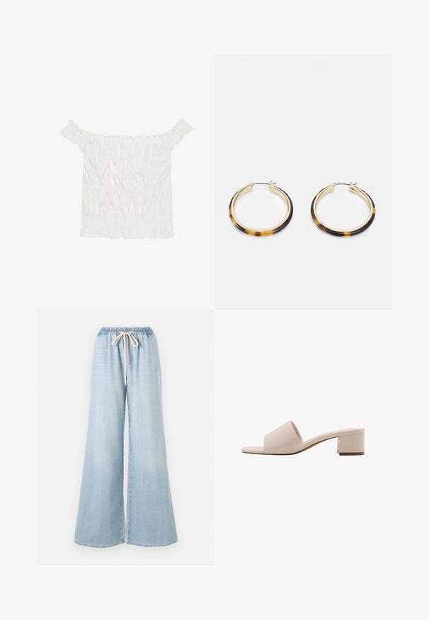 White off-the-shoulder top with ruffled accents, gathered texture, and an elasticized waistband. Made from soft cotton fabric.; Light blue wide-leg jeans made from denim, featuring an elastic waistband with a drawstring and a smooth texture.; Beige block-heeled sandal with a wide strap and open toe. Smooth material and sleek design. Short, sturdy heel for stability.; Gold-tone hoop earrings with a tortoiseshell-patterned resin outer edge, featuring a smooth finish and a sleek, circular shape.