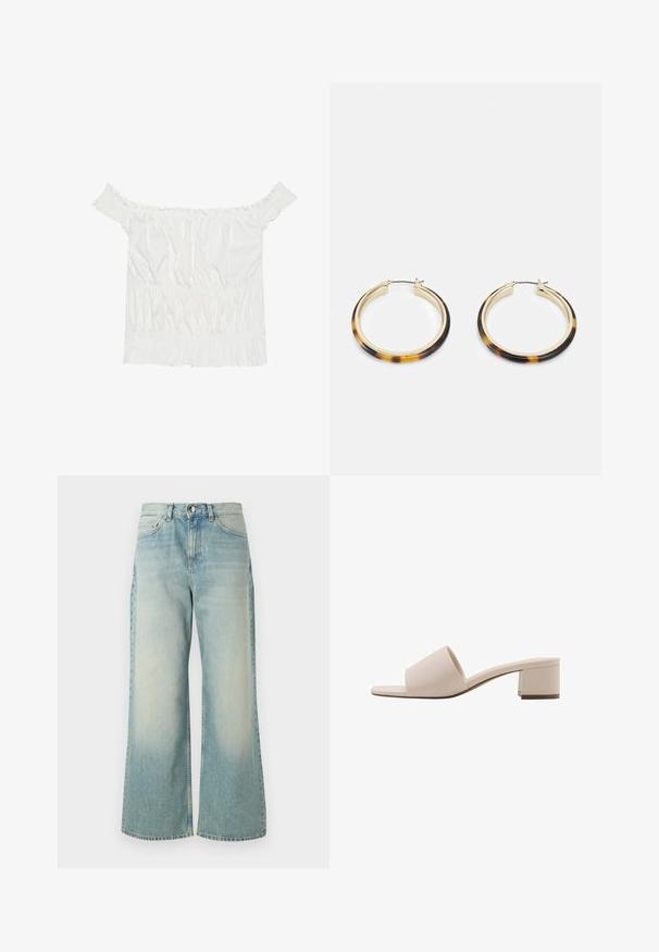 Vit off-shoulder topp med volangdetaljer, samlad textur och elastisk midja. Tillverkad av mjukt bomullstyg.; Ljusblå vida jeans i denim med en blekt tvätt, klassisk femficksdesign och en framtill knappknäppning.; Beige klacksandaler med bred rem och öppen tå. Slätt material och elegant design. Kort, stadig klack för stabilitet.; Guldtonade hoopörhängen med en yttermarg av resin med sköldpaddsmönster, som har en slät yta och en stilren, cirkulär form.