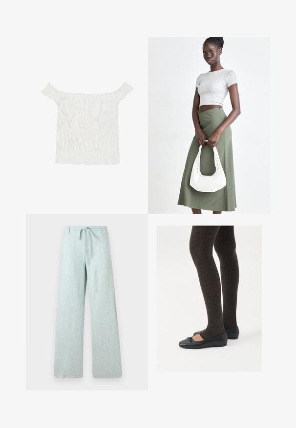 Valge õlavabalt topp, millel on volangakujulised aktsendid, kokku tõmmatud tekstuur ja elastne vöökoht. Valmistatud pehmest puuvillakangast.; Heledad õhulised helesinised püksid, mis on valmistatud tekstuuritud kangast. Omavad nööriga vööd ja nööbiga sulgemist, koos vertikaalsete triipudega üle kogu pinda.; Mustad mustad kingad väikese teksaga varvaste juures, koos tumedate pruunide ribakangastega. Kingadel on sile tekstuur ja madal profiil.; Hallid hall pitsakene ja oliiviroheline kõrge vöökohtadega seelik. Mudel hoiab käes valget õlakotit, millel on lõikega detailid. Lihtne disain, vormiline siluett.