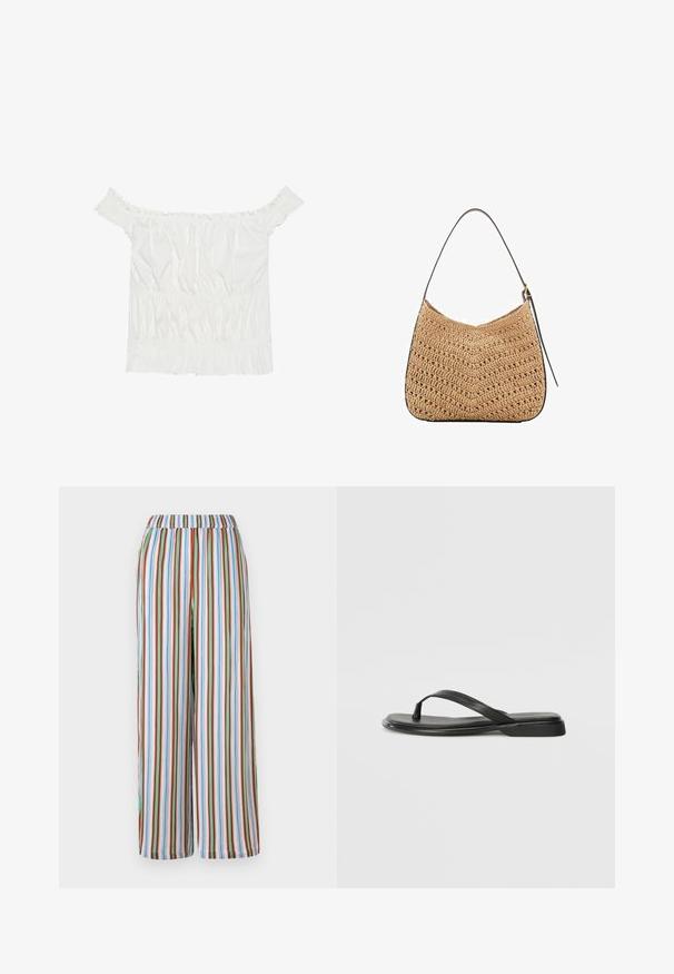 Haut blanc à épaules dénudées avec des accents volantés, une texture froncée et une taille élastique. Fabriqué en doux coton.; Pantalons larges à rayures avec une taille élastique. Comprend des rayures verticales colorées en bleu, rouge, vert et blanc sur un tissu léger.; Tongs noires en cuir lisse, avec un design de sangle fine et une semelle plate à profil minimal. Aucun motif ou accent notables.; Sac en paille tissé à la forme incurvée, avec une sangle en cuir noir et une surface texturée avec un motif en chevrons.