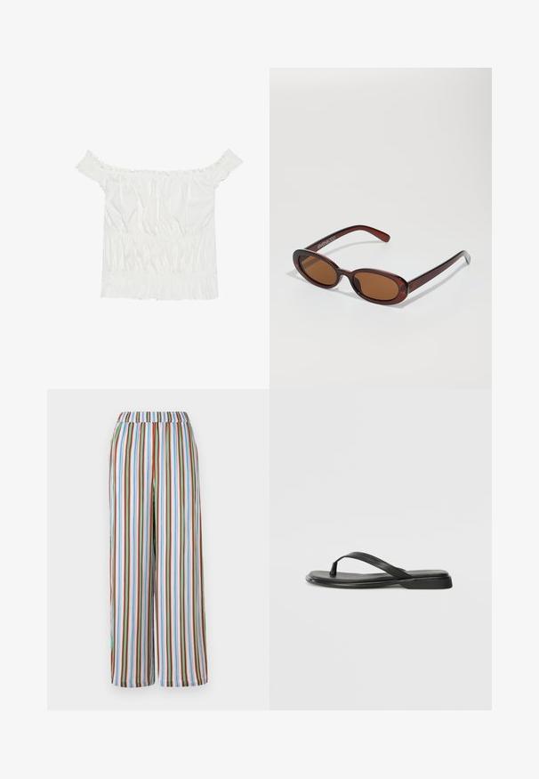 Witte off-shoulder top met gerimpelde accenten, gathering structuur en een elastische tailleband. Gemaakt van zachte katoenen stof.; Gestreepte wijde broek met een elastische tailleband. Kenmerkt zich door kleurrijke verticale strepen in blauw, rood, groen en wit op een lichtgewicht stof.; Zwarte teenflip-flop van glad leer, met een dunne band en een platte zool met een minimalistisch profiel. Geen opvallende patronen of accenten.; Ronde, bruin getinte zonnebril met een glanzend bordeauxrood frame. Slanke pootjes met subtiele merkdetails. Vlakke lensontwerp.