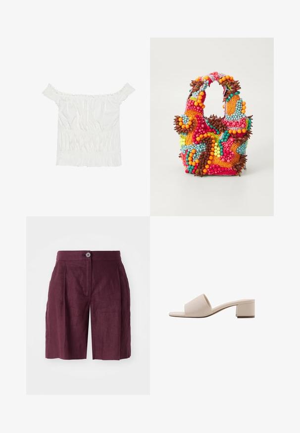 Bílý top s odhalenými rameny, s volánkovými detaily, nařasenou texturou a elastickým pasem. Vyrobeno z měkké bavlněné tkaniny.; Burgundské lněné šortky s upraveným střihem, které mají zapínání na knoflík, přední sklady a boční kapsy, hladkou texturu a délku ke kolenům.; Béžová sandála na bloku s širokým páskem a otevřenou špičkou. Hladký materiál a elegantní design. Krátký, pevný podpatek pro stabilitu.; Beaded kabelka s živými barvami: růžovou, oranžovou, modrou a hnědou. Texturovaný povrch s kulatými korálky a organickými tvary, pevné uchy.; Zlaté kruhové náušnice s venkovním okrajem vzoru želvoviny, které mají hladký povrch a elegantní, kulatý tvar.