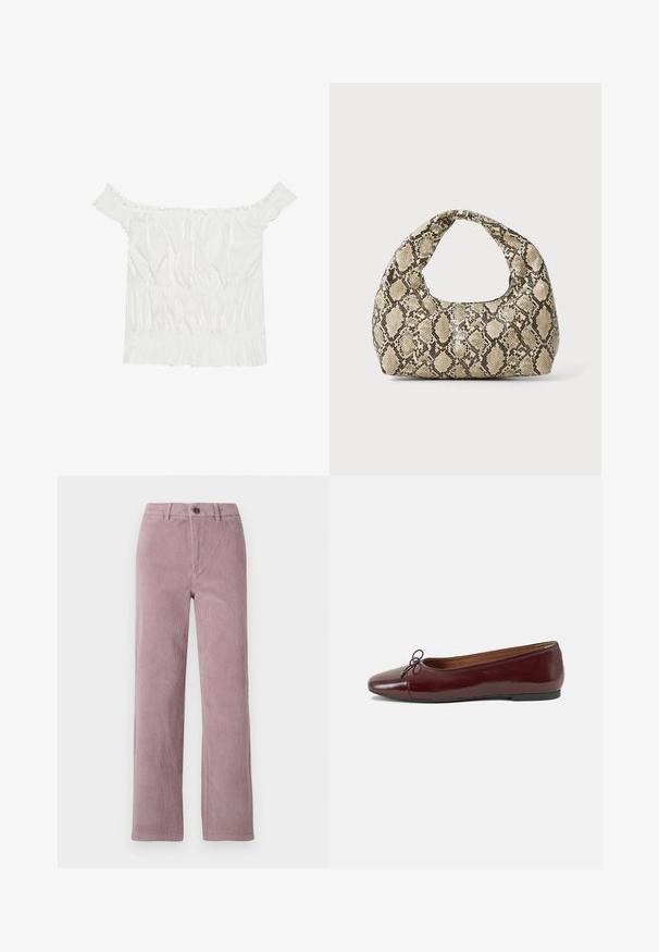 White off-the-shoulder top with ruffled accents, gathered texture, and an elasticized waistband. Made from soft cotton fabric.; Corduroy pants in light mauve with a straight-leg cut. Features a front button closure and vertical ribbed texture.; Burgundy patent leather ballet flat with a rounded toe, small bow accent at the front, and a low, black rubber sole. Smooth texture.; Snake-print handbag with a curved handle. Made from textured, beige and brown materials, featuring a distinctive diamond pattern.