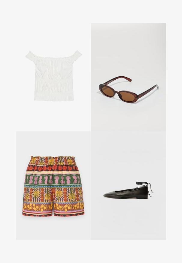 Hvid off-the-shoulder top med flæse-accenter, samlet tekstur og elastisk talje. Lavet af blødt bomuldsstof.; Multifarvede shorts med en blanding af lyse farver inklusive rød, gul, grøn og pink, med en elastisk talje og varierende tropiske motiver.; Sorte læder ballerinaer med spids tå, ankelbinding og flad sål, der har en glat tekstur og minimalistisk design.; Runde, bruntonede solbriller med en glansfuld bordeauxramme. Slanke arme med diskret brandingdetalje. Flad linsedesign.