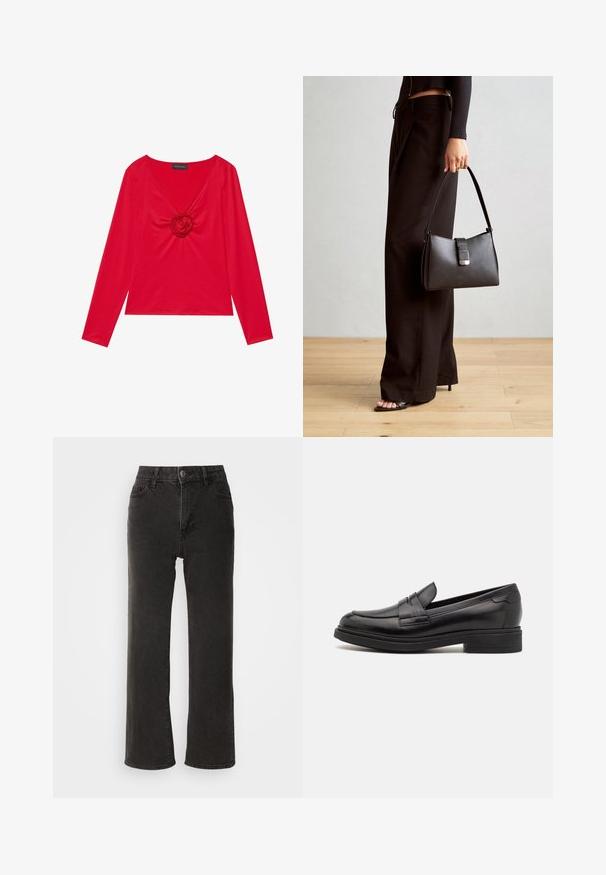 Rød langermet topp med V-hals og en sentral rose detalj. Laget av glatt stoff med en tettsittende silhuett. Merket synlig ved halsen.; Sorte vide benbukser lavet af denim, med en frontknaplukning, bæltestropper og fem lommer med en let falmet tekstur.; Marc O'Polo PAULA - Slippers - black; Svart håndveske med strukturert form, jevn tekstur og metallisk lås. Kombinert med brede svarte bukser og sandaler med åpen tå på tregulv.