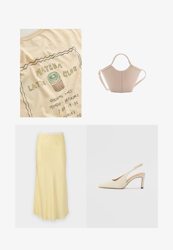 Krem majica s grafičkim dizajnom koji sadrži natpis "MATCHA LATTE CLUB", ilustraciju kolačića i radno vrijeme u crnoj boji.; Svijetložuti saten midi suknja s glatkom teksturom, lepršavim dizajnom i elastičnom početkom, koja se odlikuje suptilnim sjajem.; Bež kožne sandale s otvorenom stranom i uskim potpeticama, s šiljastim vrhom. Sadrže zlatni detalj na remenu.; Bež kožna torba jedinstvenog oblika, s dva kratka ručka i dugom podesivom trakom. Glatka tekstura s minimalnim metalnim dodacima.