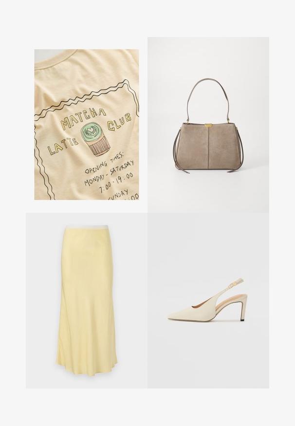 Krémovo sfarbené tričko s grafickým dizajnom, na ktorom je nápis "MATCHA LATTE CLUB", ilustrácia cupcakes a otváracie hodiny v čiernej farbe.; Svetložltá saténová midi sukňa s hladkou textúrou, rozšíreným strihom a elastickým pásom, s jemným leskom po celom povrchu.; Bežové kožené slingback podpätky s ostrou špičkou, otvoreným bočným dizajnom a úzkym vysokým podpätkom. S popruhom so zlatým akcentom.; Tommy Hilfiger CASUAL SHOULDER BAG - Kabelka - coastal taupe