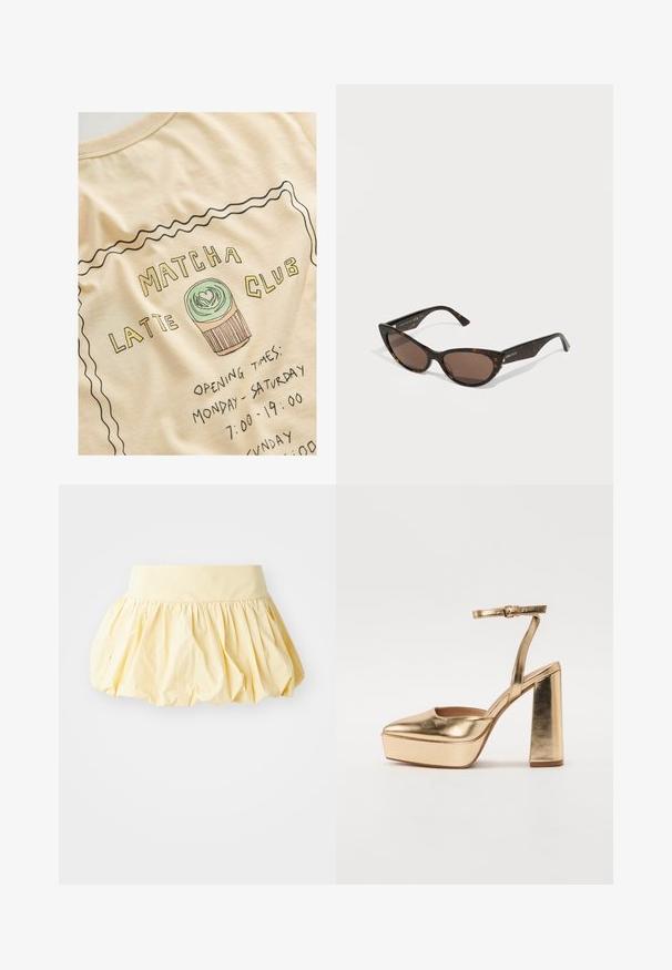 Krém színű póló, amelyen grafikai tervezés található "MATCHA LATTE CLUB" felirattal, egy muffin illusztrációval és a nyitvatartási időkkel fekete tintával.; Sárga pamut szoknya, dússal, redőzött kialakítással és széles derékrésszel. A sima textúra és a könnyű anyag hétköznapi megjelenést kölcsönöz.; Arany fém platform sarokkal rendelkező magassarkúk, hegyes orral, boka pánttal és tömbsarkal. Sleek dizájn, sima, fényes textúrával.; Teknősbéka páncél mintás napszemüveg, macskaforma dizájnnal. Barna lencsék, karcsú szárak és fényes felület. Figyelemre méltó márkájú logó a karon.; Sárga műbőr krokodil mintás kézitáska strukturált kialakítással, felső fogantyúval, leválasztható lánccal és díszes kristály díszítéssel a záron.