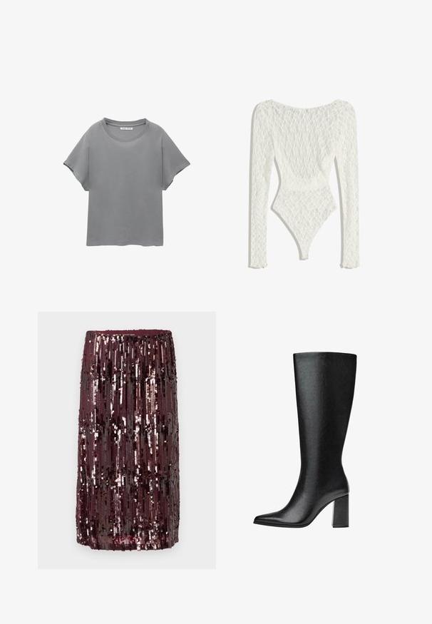 PULL&BEAR SHORT SLEEVE - Printtipaita - grey; Valkoinen pitsiset bodysuit pitkähihaisilla hihoilla, jossa on kudottu kuvio ja matala selkädesign, kapeneva korkeaan lahkeeseen.; Burgundy-sekvenskirt med vertikale striper av paljetter som skaper en teksturert overflate med stram midje og knelengde.; Mustat, polveen saakka ulottuvat saappaat, jotka on valmistettu tekonahasta, teräväkärkiset, sileäpintaiset ja joissa on paksu lohko korko. Minimalistinen muotoilu ilman näkyviä yksityiskohtia.