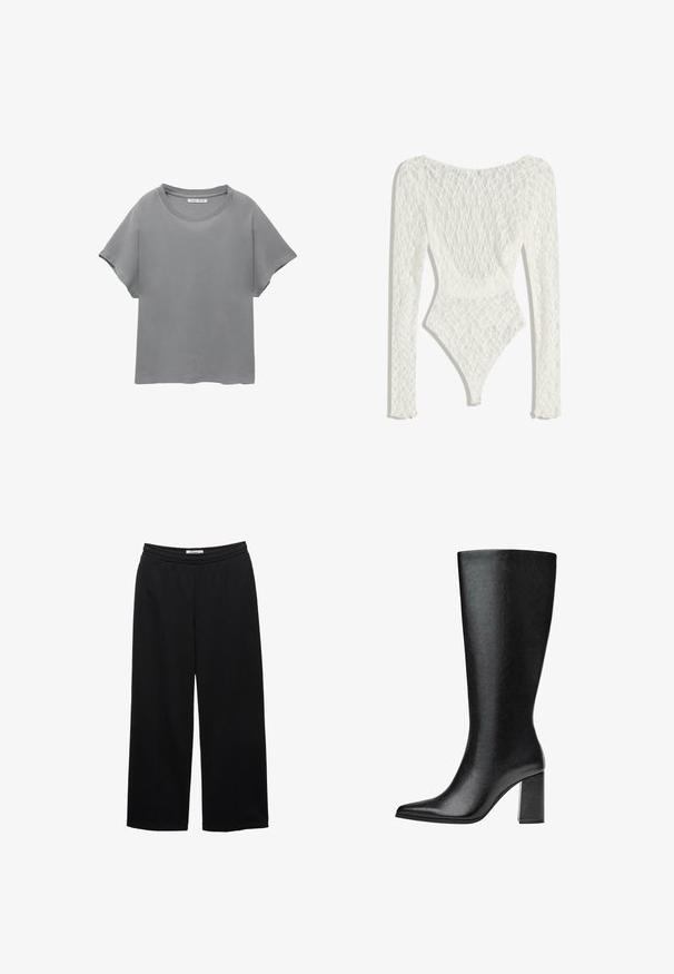 PULL&BEAR SHORT SLEEVE - Tricou cu imprimeu - grey; Body din dantelă albă cu mâneci lungi, având un model țesut și un decolteu adânc la spate, cu un deschidere înaltă la picior.; Pantaloni negri cu picioare largi, prevăzuți cu un elastic în talie, având o textură netedă și două plii frontale pentru un plus de detaliu.; Bot negre până la genunchi, realizat din piele ecologică, cu vârf ascuțit, textură netedă și toc gros. Design minimalist fără accente vizibile.