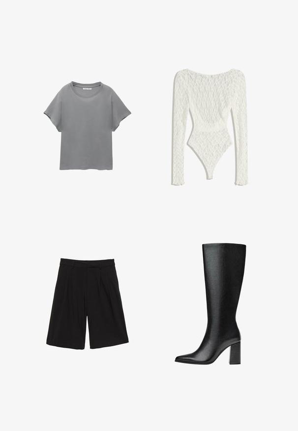 PULL&BEAR SHORT SLEEVE - T-shirt con stampa - grey; Body in pizzo bianco con maniche lunghe, caratterizzato da un motivo tessuto e un design della schiena bassa, che si stringe in un'apertura a gamba alta.; Pantaloni corti neri dal design raffinato, con pince frontali, passanti per cintura e gamba dritta che si estende fino al ginocchio.; Stivale nero al ginocchio realizzato in pelle sintetica, con punta affusolata, texture liscia e tacco a blocco spesso. Design minimalista senza decorazioni visibili.