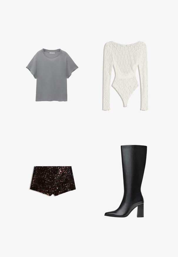 PULL&BEAR SHORT SLEEVE - T-shirt con stampa - grey; Body in pizzo bianco con maniche lunghe, caratterizzato da un motivo tessuto e un design della schiena bassa, che si stringe in un'apertura a gamba alta.; Pantaloni corti in paillettes nei toni del nero e del bronzo, caratterizzati da una superficie testurizzata con una finitura scintillante e riflettente e un orlo dritto.; Stivale nero al ginocchio realizzato in pelle sintetica, con punta affusolata, texture liscia e tacco a blocco spesso. Design minimalista senza decorazioni visibili.