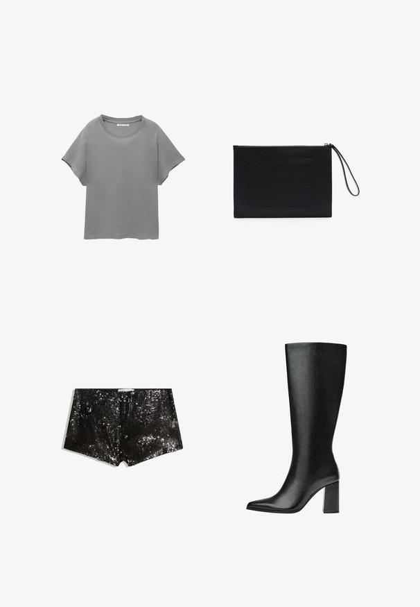 PULL&BEAR - T-shirt z nadrukiem; Czarne szorty z cekinami o dopasowanym kroju. Charakteryzują się błyszczącymi cekinami, gładką fakturą oraz elastycznym pasem dla wygodnego dopasowania.; Czarne, sięgające kolan botki wykonane z sztucznej skóry, o spiczastym nosku, gładkiej fakturze i masywnym obcasie. Minimalistyczny design bez widocznych akcentów.; Czarna torebka kopertówka wykonana z teksturowanej tkaniny o prostokątnym kształcie, z zamkiem błyskawicznym i paskiem na nadgarstek. Zawiera kieszonkę z przodu.