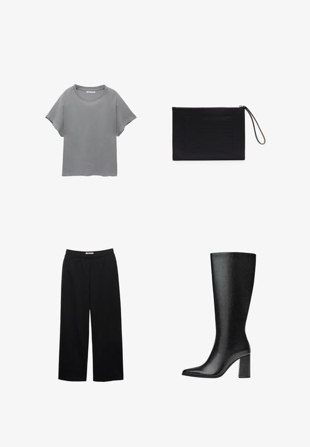 PULL&BEAR SHORT SLEEVE - T-Shirt print - grey; Schwarze weit geschnittene Hosen mit einem elastischen Bund, die eine glatte Textur aufweisen und zwei vordere Falten für zusätzliche Details haben.; Schwarze kniehohe Stiefel aus Kunstleder mit spitzer Zehe, glatter Oberfläche und blockartigem Absatz. Minimalistisches Design ohne sichtbare Akzente.; Schwarze Clutch aus strukturiertem Stoff mit rechteckiger Form, ausgestattet mit einem Reißverschluss und einem Handgelenkriemen. Enthält eine Fronttasche.