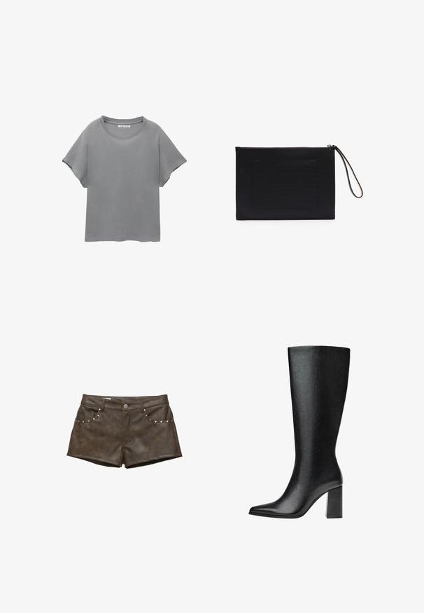 PULL&BEAR SHORT SLEEVE - Tricou cu imprimeu - grey; Şorturi din piele sintetică maro, cu o textură netedă, prezentând nituțe argintii pe buzunarele din față și o închidere cu buton.; Bot negre până la genunchi, realizat din piele ecologică, cu vârf ascuțit, textură netedă și toc gros. Design minimalist fără accente vizibile.; Geantă de umăr neagră, realizată dintr-un material texturat, cu o formă rectangulară, având închidere cu fermoar și o curea pentru încheietura mâinii. Include un buzunar frontal.