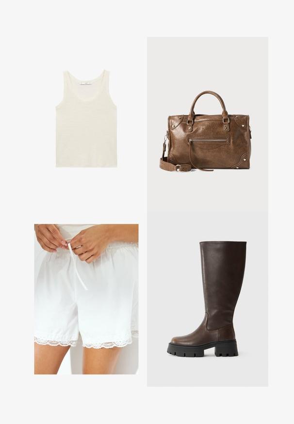 White tank top made of lightweight fabric. Features a rounded neckline and wide armholes, with a smooth texture and minimal design.; White cotton shorts featuring elastic waistband and drawstring, with lace trim along the hem for added detail.; Brown knee-high boot made of smooth synthetic leather, featuring a chunky black platform sole and minimal stitching for a sleek design.; Brown leather handbag with an adjustable shoulder strap, top handles, zipped front pocket, and metallic hardware accents. Textured finish.