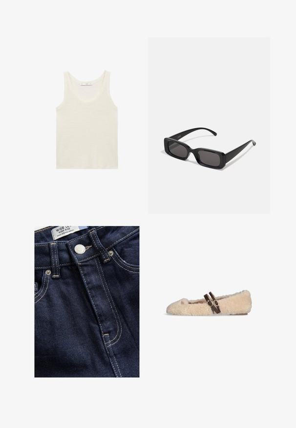 Bijela majica bez rukava od laganog materijala. Ima zaobljeni izrez i široke rukave, s glatkom teksturom i minimalnim dizajnom.; Next WIDE - Široke nogavice - rinse; Bežasti plišani ravni cipela s dva tamnosmeđa podesiva remena s kopčama preko vrha i malim zlatnim simbolom blizu prstiju.; Crne pravokutne sunčane naočale s tamnim lećama, sjajnim završetkom, širokim drškama i masivnim okvirom. Ugraviran naziv branda na jednoj dršci.