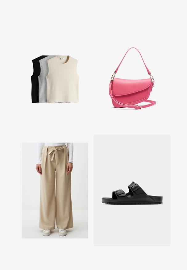 Drei ärmellose Pullover in Creme, Grau und Schwarz. Jeder hat einen gerippten Hals- und Saumabschluss und besteht aus weichem Strickmaterial.; Beige weit geschnittene Hose mit gebundenem Bund, die eine glatte Textur und ein fließendes Design aufweist. Getragen mit weißen Sneakers.; Schwarze Gummisandalen mit zwei verstellbaren Riemen, strukturiertem Fußbett und einer dicken, profilierten Sohle, die ein minimalistisches Design aufweisen.; Rosa Lederhandtasche mit strukturierter Form, ausgestattet mit einem Klappverschluss, einem verstellbaren Trageriemen und goldfarbenen Hardware-Akzenten. Texturierte Oberfläche.