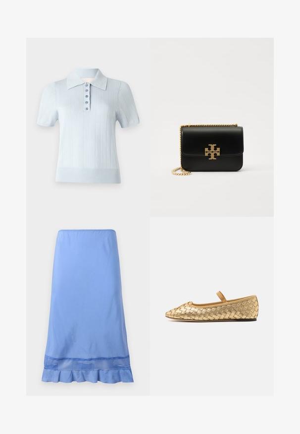 Light blue short-sleeve polo shirt with a ribbed texture, flat collar, and a front placket featuring six matching buttons.; Light blue, knee-length skirt made of smooth fabric, featuring a ruffled hem with a mesh accent near the bottom. Simple pull-on design.; Loeffler Randall LEONIE SOFT BALLET FLAT - Ankle strap ballet pumps - gold; Black leather handbag with gold-tone chain strap and logo accent. Features a rectangular shape with a fold-over flap. Smooth texture.