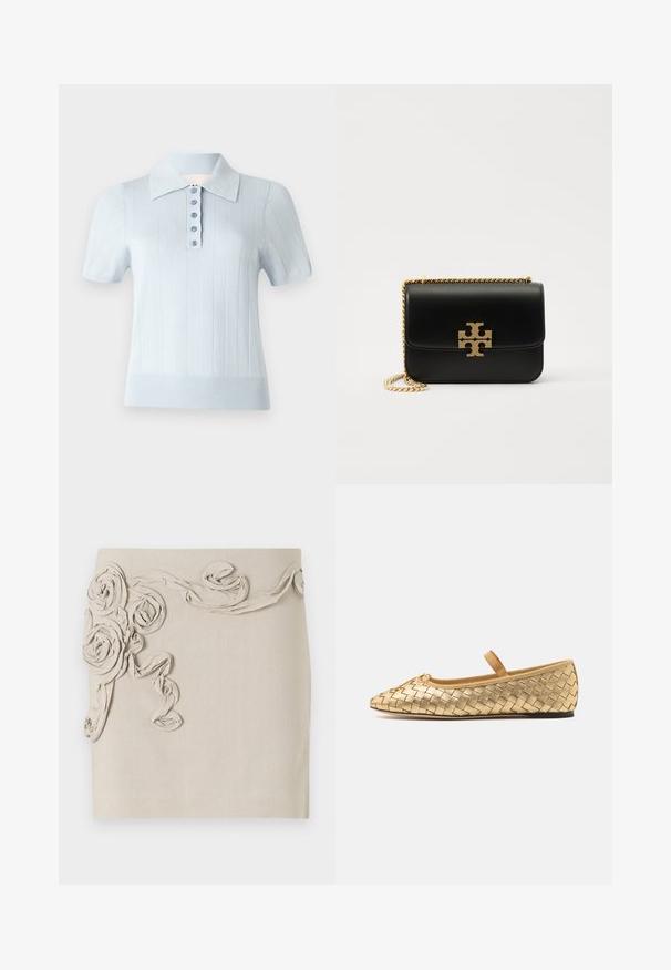 Light blue short-sleeve polo shirt with a ribbed texture, flat collar, and a front placket featuring six matching buttons.; Beige linen skirt featuring textured, fabric rosette appliqués and winding ribbon detailing for a dimensional look. Smooth finish.; Loeffler Randall LEONIE SOFT BALLET FLAT - Ankle strap ballet pumps - gold; Black leather handbag with gold-tone chain strap and logo accent. Features a rectangular shape with a fold-over flap. Smooth texture.