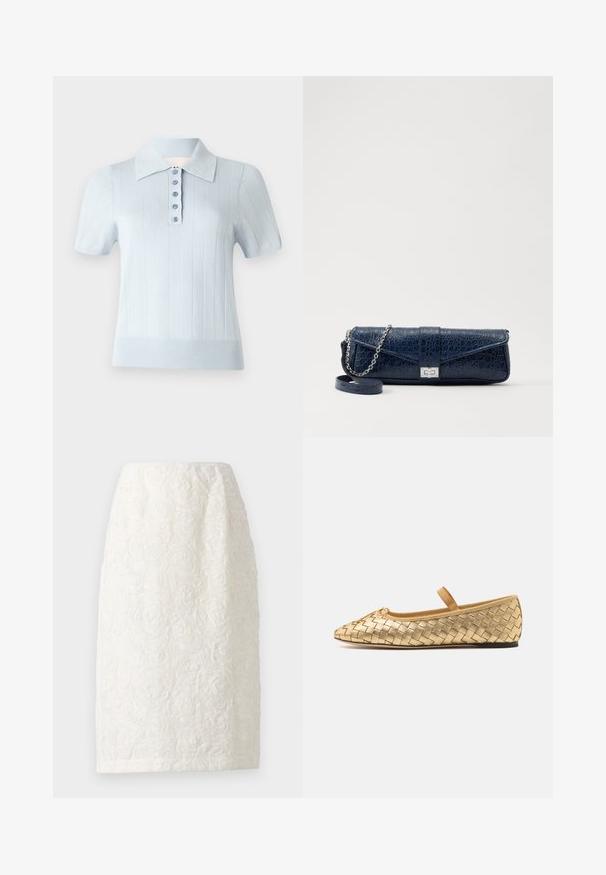 Šviesiai mėlynas trumpomis rankovėmis polo marškinėliai su ribota tekstūra, plokščiu apykakle ir priekinėmis sagomis, kuriose yra šešios tos pačios spalvos sagos.; Kelnių ilgumo balta sijonas su tekstūruotu gėlių raštu, turintis iškilusias rožių formas ir subtilų blizgesį. Paprasta, tiesi siluetas.; Loeffler Randall LEONIE SOFT BALLET FLAT - Balerinos tipo bateliai su dirželiu ties kulkšnimi - gold; Tamsiai mėlynas odinis rankinukas su krokodilo raštu, sidabro spalvos grandinėlė ir metalinis užsegimas. Stačiakampio formos, užlenkiamas dizainas.