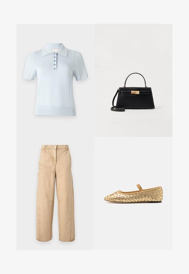 Gaiši zila īsām piedurknēm polo krekls ar ribotu tekstūru, plakanu apkakli un priekšējo pogu rindu, kas sastāv no sešām saskaņotām pogām.; Beige platās kājas bikses ar pogu aizdari, divām sānu kabatām, vieglu nolietojumu un plīsušiem malām. Izgatavotas no mīksta, teksturēta auduma.; Loeffler Randall LEONIE SOFT BALLET FLAT - Baletkurpes ar siksniņu ap potīti - gold; Melnas ādas rokassoma ar struktūru trapezveida formā, ar zelta metāla sprādzīti un kontrastējošu baltu sastiprinājumu. Ietver īsu rokturi un garu siksnu.