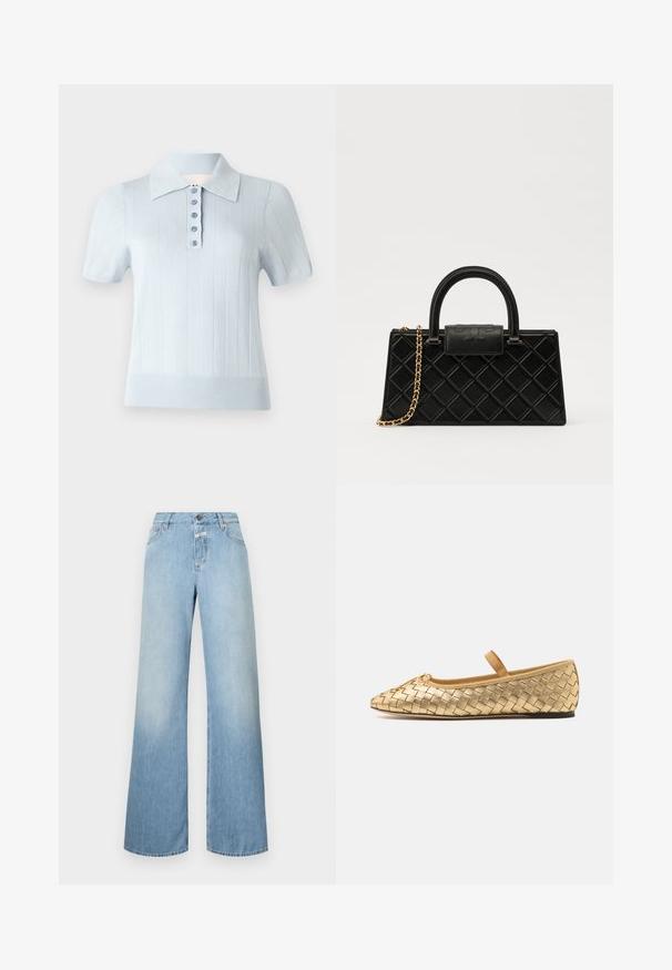 Vaalea sininen lyhythihainen polo-paita, jossa on ribbikuviointi, litteä kaulus ja etupaneeli, jossa on kuusi samansävyistä nappia.; Vaaleansiniset leveälahkeiset farkut, jotka on valmistettu denimistä, ja joissa on korkea vyötärö, viisi taskua ja nappikiinnitys. Sileä pinta, jossa on haalistuneita yksityiskohtia.; Loeffler Randall LEONIE SOFT BALLET FLAT - Ballerinat nilkkaremmillä - gold; Mustaväri käsilaukku, joka on valmistettu teksturoidusta nahasta ja jossa on timanttikuvio, kultasävyinen ketjuolkaintassa ja pääkahva, jossa on logolla painettu läppä.