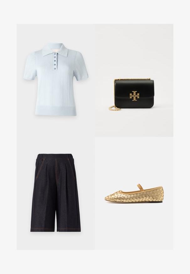 Light blue short-sleeve polo shirt with a ribbed texture, flat collar, and a front placket featuring six matching buttons.; Dark gray shorts made from soft fabric, featuring pleats and orange stitching accents. Elastic waistband for comfort, knee-length design.; Loeffler Randall LEONIE SOFT BALLET FLAT - Ankle strap ballet pumps - gold; Black leather handbag with gold-tone chain strap and logo accent. Features a rectangular shape with a fold-over flap. Smooth texture.
