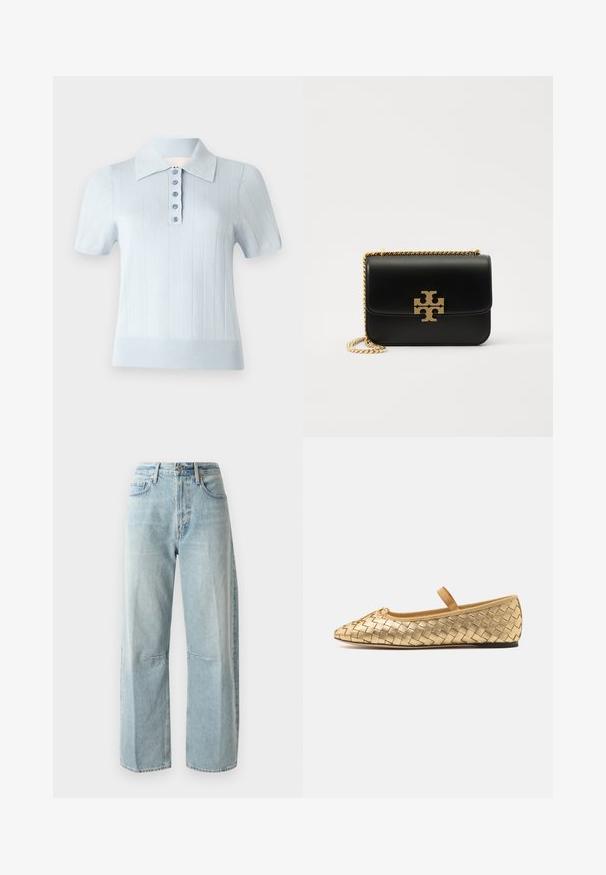 Hele helesinine lühikese varrukaga polo särk, millel on sooniktekstuur, lame krae ja eesmine plakeering, kus on kuus sobivat nööpi.; Heledad sinine laiad teksad, mis on valmistatud denimist. Omab kõrget vööd, kahte esikotti ja sirget säärt, millel on kergelt pleekinud kangas.; Loeffler Randall LEONIE SOFT BALLET FLAT - Pahkluurihmadega baleriinad - gold; Must kuid musta nahk käekott kuldse tooni kettvöö ja logo aktsendiga. Omab ristkülikukujulist vormi koos kaanega, mis volditakse üle. Sile tekstuur.