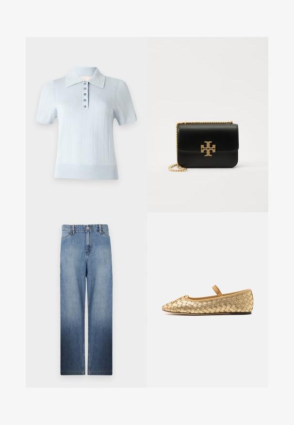 Helles blaues Polohemd mit kurzen Ärmeln, einer gerippten Textur, einem flachen Kragen und einer Vorderleiste mit sechs passenden Knöpfen.; Hellblaue, gerade geschnittene Denim-Jeans mit einem Ausbleich-Effekt, fünf Taschen und Metallknopfverschluss an der Taille.; Loeffler Randall LEONIE SOFT BALLET FLAT - Riemchenballerina - gold; Schwarze Ledertasche mit goldfarbener Kettenriemen und Logo-Akzent. Hat eine rechteckige Form mit einem umklappbaren Klappenverschluss. Glatte Textur.