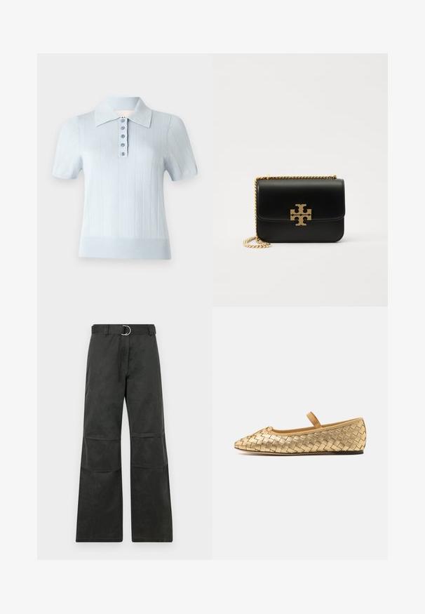 Light blue short-sleeve polo shirt with a ribbed texture, flat collar, and a front placket featuring six matching buttons.; Black wide-leg pants with a mid-rise waist, featuring a belt with a silver circular buckle, and detailed with knee patches.; Loeffler Randall LEONIE SOFT BALLET FLAT - Ankle strap ballet pumps - gold; Black leather handbag with gold-tone chain strap and logo accent. Features a rectangular shape with a fold-over flap. Smooth texture.
