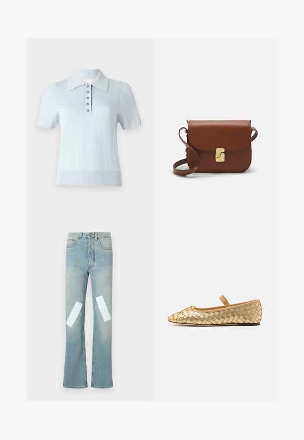 Light blue short-sleeve polo shirt with a ribbed texture, flat collar, and a front placket featuring six matching buttons.; Light blue denim jeans with a flared design, featuring white patches on the knees and light distressing along the edges.; Loeffler Randall LEONIE SOFT BALLET FLAT - Ankle strap ballet pumps - gold; Brown leather handbag with a flap closure, gold-tone hardware, a shoulder strap, and a smooth texture. Compact rectangular shape.