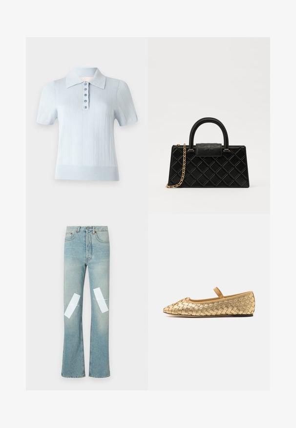 Šviesiai mėlynas trumpomis rankovėmis polo marškinėliai su ribota tekstūra, plokščiu apykakle ir priekinėmis sagomis, kuriose yra šešios tos pačios spalvos sagos.; Šviesiai mėlyni džinsai su platėjančiu dizainu, su baltais pleistrais ant kelių ir šviesiniu nusidėvėjimu palei kraštus.; Loeffler Randall LEONIE SOFT BALLET FLAT - Balerinos tipo bateliai su dirželiu ties kulkšnimi - gold; Juodas rankinės pagamintas iš struktūrizuotos odos, su deimanto raštu, auksinės spalvos grandinėle, viršutine rankena ir logotipu išsiskiriančiu užtrauktuku.