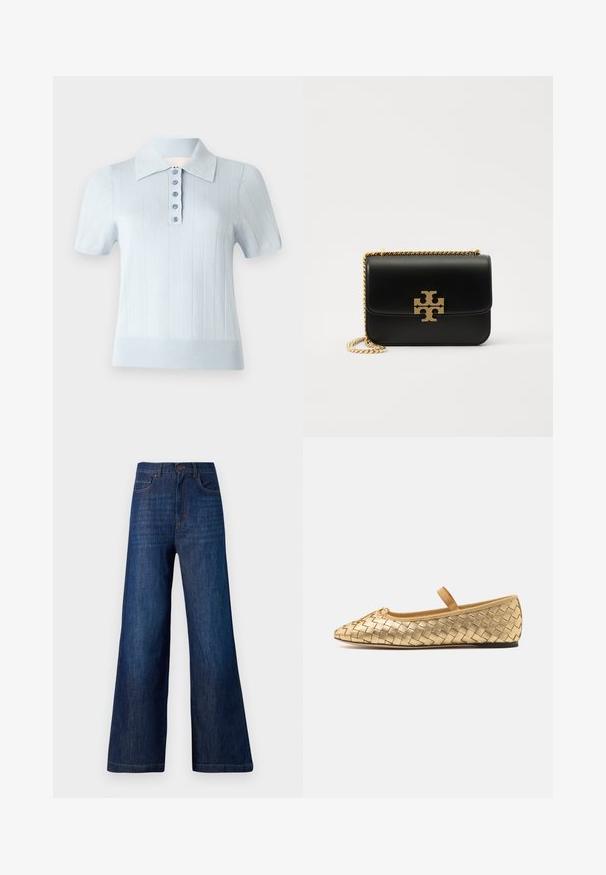 Lyseblå kortærmet polo skjorte med ribbet tekstur, flad krave og en frontplade med seks matchende knapper.; Bredde ben jeans lavet af mørkeblå denim. Har fem lommer, en frontknaplukning og synlig syning langs taljebåndet og kanten.; Loeffler Randall LEONIE SOFT BALLET FLAT - Ballerinasko m/ rem - gold; Sort læderhåndtaske med guldtonet kædestrop og logo-detalje. Har en rektangulær form med en klap. Glat tekstur.
