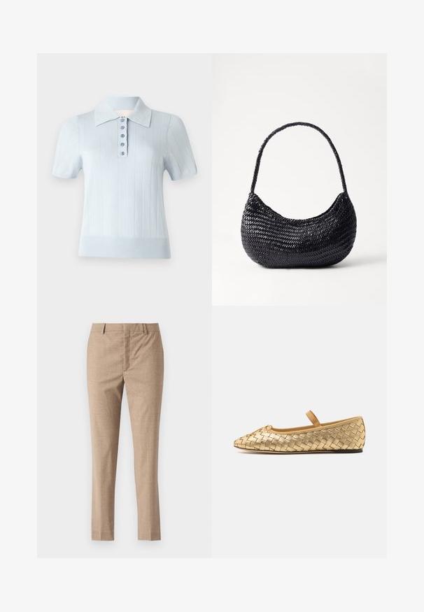 Light blue short-sleeve polo shirt with a ribbed texture, flat collar, and a front placket featuring six matching buttons.; Beige tailored pants with a smooth texture, straight legs, and a zipper fly. Features front pockets and a subtle herringbone pattern.; Loeffler Randall LEONIE SOFT BALLET FLAT - Ankle strap ballet pumps - gold; DRAGON DIFFUSION NOVA LUNA - Handbag - black