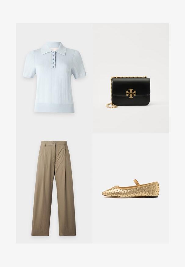 Hele helesinine lühikese varrukaga polo särk, millel on sooniktekstuur, lame krae ja eesmine plakeering, kus on kuus sobivat nööpi.; Khaki laiust gamasid, mis on valmistatud puuvillasegust kangast, omavad nööbist sulgu, küljetaskuid ja sileda tekstuuri, millel on õrn sära.; Loeffler Randall LEONIE SOFT BALLET FLAT - Pahkluurihmadega baleriinad - gold; Must kuid musta nahk käekott kuldse tooni kettvöö ja logo aktsendiga. Omab ristkülikukujulist vormi koos kaanega, mis volditakse üle. Sile tekstuur.