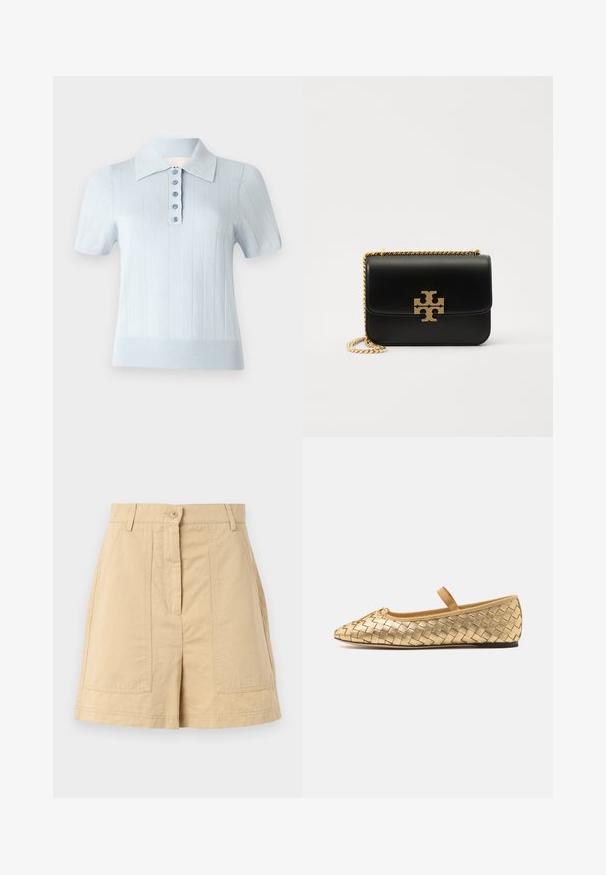 Vaalea sininen lyhythihainen polo-paita, jossa on ribbikuviointi, litteä kaulus ja etupaneeli, jossa on kuusi samansävyistä nappia.; Vaalttoret puuvillashortsit, joissa on korkea vyötärö, etupainike, vyölenkit ja kaksi etupatch-taskua. Sileä pinta ja muotoiltu malli.; Loeffler Randall LEONIE SOFT BALLET FLAT - Ballerinat nilkkaremmillä - gold; Mustat nahkalaukku kultasävyisellä ketjuolkaimella ja logotunnuksella. Ominaisuuksiin kuuluu suorakulmainen muoto ja taitettavalla läpällä. Tasainen pinta.