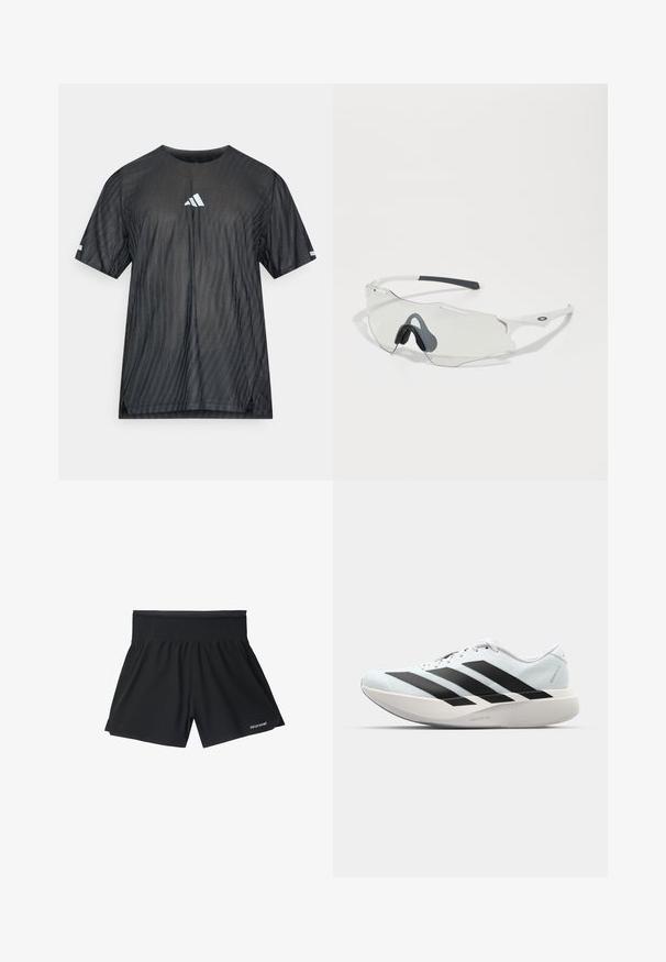 Fekete atlétikai póló rövid ujjakkal, texturált átlós csíkos mintával, valamint fehér Adidas logóval a mellkason és az ujjakon.; Fekete sportnadrág széles, elasztikus derékkal, laza fazonnal és diszkrét logóval a bal alsó részen. Simább textúra.; Világoskék, fekete csíkos könnyű futószerek. Simább felső résszel, kerek orral és vastag fehér középtalppal, amelyen a "LIGHTSTRIKE PRO" felirat olvasható.; Tiszta lencsés napszemüveg, fehér kerettel és szürke gumi orrtartókkal. Sleek dizájn, szögletes forma és minimális fém részletek jellemzik.