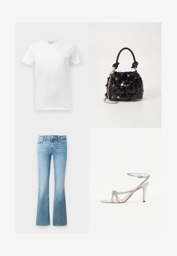 Tricou alb din bumbac, cu guler rotund. Prezintă un design grafic embosat subtil pe față. Mâneci scurte și tiv drept.; Jeans din denim bleu deschis cu croială evazată, buzunare frontale, bucle pentru curea și închidere cu nasture.; Sandalie albe cu toc înalt, cu o curea texturată ce prezintă strasuri, design cu vârf deschis și curea pentru gleznă cu cataramă ajustabilă.; Geantă mini neagră cu paiete, cu un umar texturat înnodat și un lanț argintiu. Formă rotundă cu partea de sus adunată și detalii reflectorizante.
