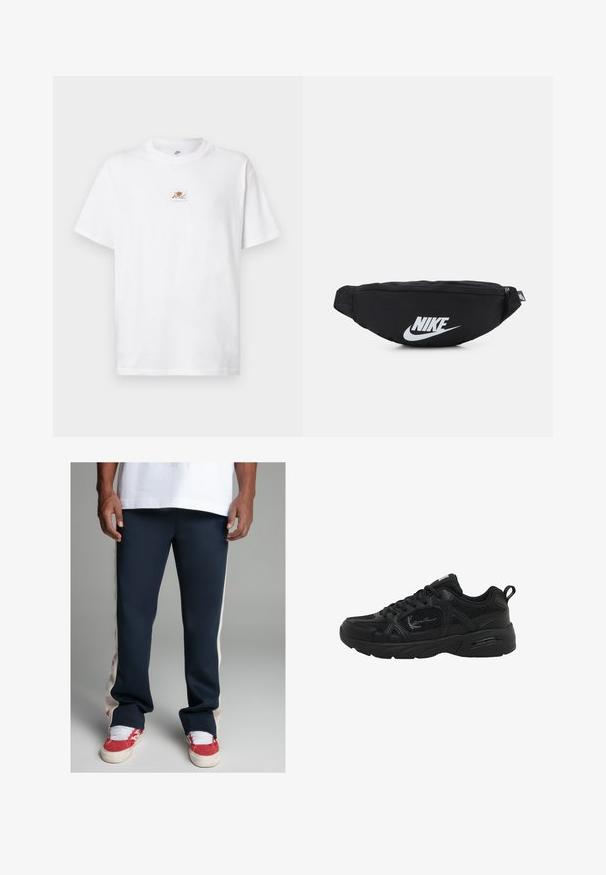 Balta kokvilnas T-krekls ar apaļu kakla izgriezumu un īsām piedurknēm. Krūšu daļā neliela brūna un balta logotipa uzlīme.; Jūras spēku treniņbikses ar krēmkrāsas sānu paneļiem. Izgatavotas no gludas auduma, ar izšūtu logo uz kreisā augšstilba un sašaurinātu piegriezumu.; Melnas sporta kurpes ar acs un sintētisku augšdaļu, teksturētām akcentiem, apaļu purngalu un ar mīkstu zoli, kā arī ar cilpu uz papēža.; Melnas neilona jostas somiņa ar rāvējslēdzēja aizdari, kurai ir liels balts Nike logo. Gluda tekstūra un ergonomisks dizains ērtai valkāšanai.