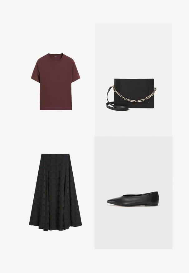 Bordeaux kortærmet t-shirt i blødt bomuldsstof. Runde halsudskæring, lige snit og glat tekstur uden mønstre eller synlige hardware.; Sort plisseret nederdel lavet af tekstureret stof med et rutet mønster. Designet er fuldlængde med en flydende silhuet.; Sort læder balletflade, spidse tæer, minimalistsk design, glat tekstur, lav hæl, ingen synlig hardware eller udsmykninger.; Sort læder crossbody taske med en glat tekstur, rektangulær form og en metallisk kæde detalje foran. Justerbar skulderrem inkluderet.