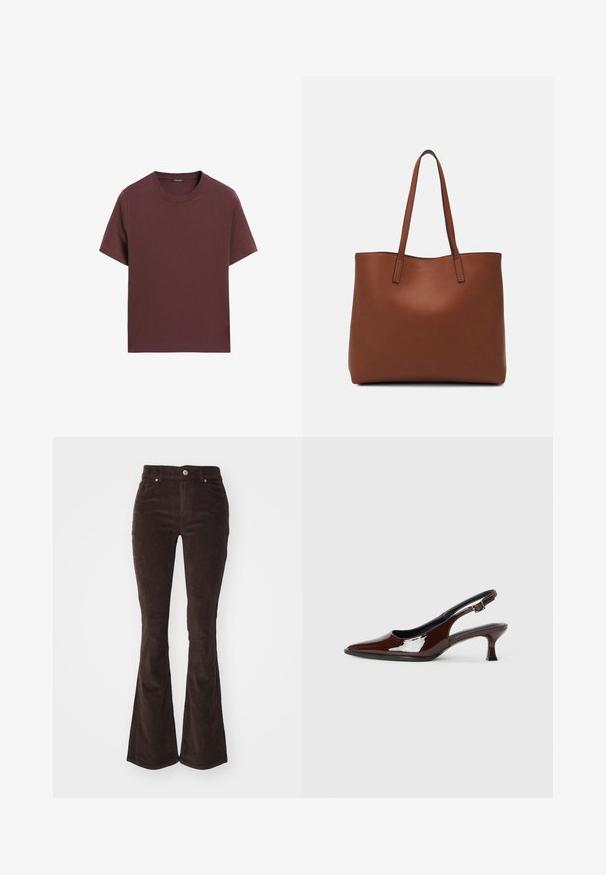 Bordeaux kortærmet t-shirt i blødt bomuldsstof. Runde halsudskæring, lige snit og glat tekstur uden mønstre eller synlige hardware.; Vero Moda VMFLASH FLARED PANTS - Bukser - chocolate torte; Brun patenteret læder slingback sko med spids tå og en moderat hæl. Har en spænde rem for en sikker pasform. Glat tekstur.; Brun læder tote taske med en glat overflade, åben topdesign og to skulderremme. Har minimal syning og ingen synlig hardware.
