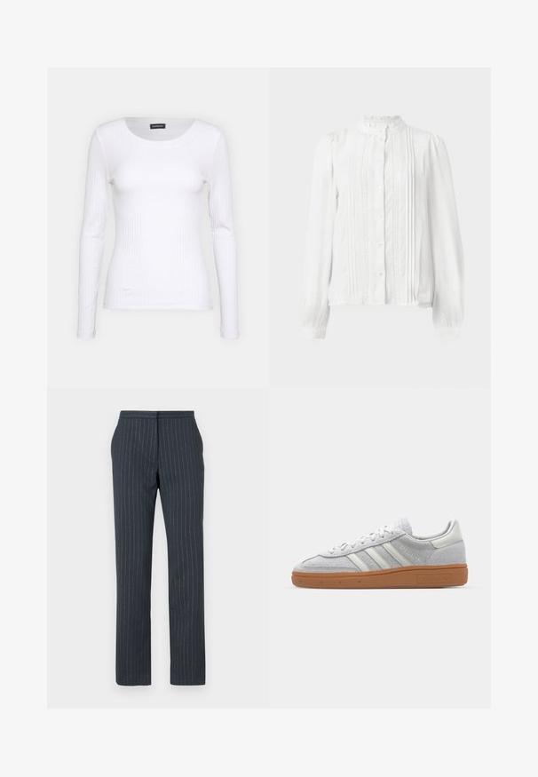 Balts ribots garām piedurknēm krekls ar apaļu kakla izgriezumu. Izgatavots no elastīga auduma, kas pieguļ ķermenim. Iezīmējas ar smalkām horizontālām līnijām.; Balta blūze ar augstu apkakli, pogu aizdari, pleciem uz priekšu un mežģīņu apdari uz piedurknēm. Izgatavota no viegla auduma.; Tums tumšzilas bikses ar vertikālām svītrām, pielāgota dizaina, gluda tekstūra, taisnas kājas un standarta jostasvietu.; Gai pelēki zamšīgās kedas ar baltām ādas detaļām, trim baltām līnijām un brūnu gumijas zoli, ar mīkstinātu apkakli komforta nodrošināšanai.