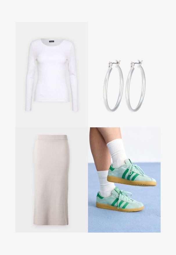 Balta, raukšlėta ilgarankovė palaidinė su apvalia iškirpte. Pagaminta iš elastingos medžiagos, kuri prisitaiko prie kūno. Pasipuošusi subtiliomis horizontaliosiomis linijomis.; Pinti pieštukų sijonas šviesiai sviesto spalvos, su giliu juosmeniu, siaura danga ir šoniniu plyšiu, leidžiančiu laisvai judėti. Minkšta tekstūra, minimalus dizainas.; adidas Originals BRMD - Sportbačiai - hazy green/preloved green; Sidabriniai auskarai su sklandžiu, poliruotu paviršiumi. Apvalios formos ir saugus uždarymo mechanizmas. Lengvas dizainas, tinkantis kasdieniam dėvėjimui.