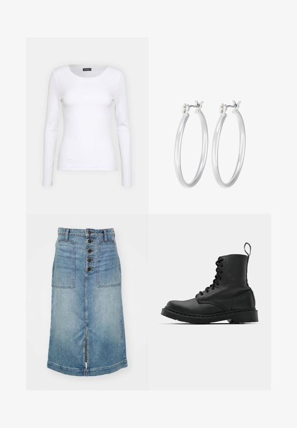 Balts ribots garām piedurknēm krekls ar apaļu kakla izgriezumu. Izgatavots no elastīga auduma, kas pieguļ ķermenim. Iezīmējas ar smalkām horizontālām līnijām.; Gaiši zila džinsu svārku ar priekšējo šķēlumu, pieciem pogām un divām priekšējām kabatām. Iezīmē augsto jostas vietu un šuvju detaļas.; Melnas ādas kaujas zābaki ar apaļu purngalu, auklām priekšā un cilpu potītes daļā. Iespējojums ir biezs gumijas zolei, kas nodrošina izturību.; Sudraba riņķveida auss gredzeni ar gludu, pulētu apdari. Apaļa forma un drošs klikšķa augšējais slēgums. Viegls dizains, kas piemērots ikdienas valkāšanai.